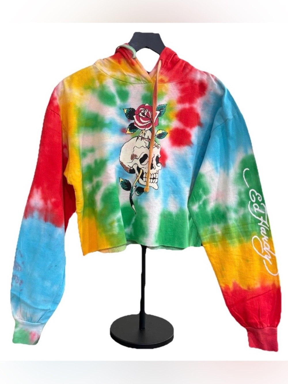 NWT ED HARDY Skull Rose Rainbow Tie Dye Cropped Hoodie Sweater Size Medium